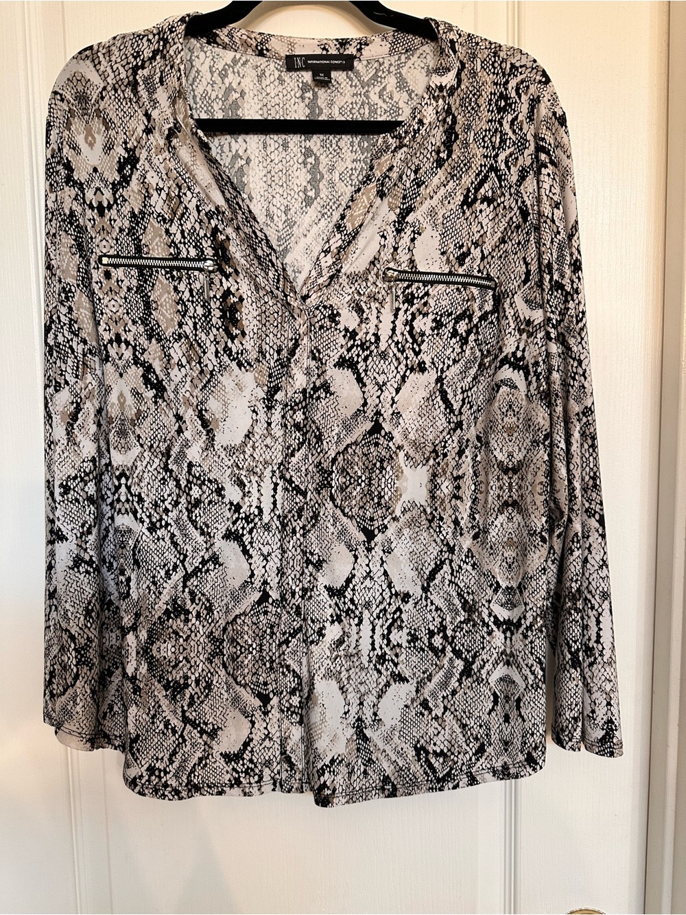 INC International Concepts Black and White Snake-Print V-Neck Blouse
